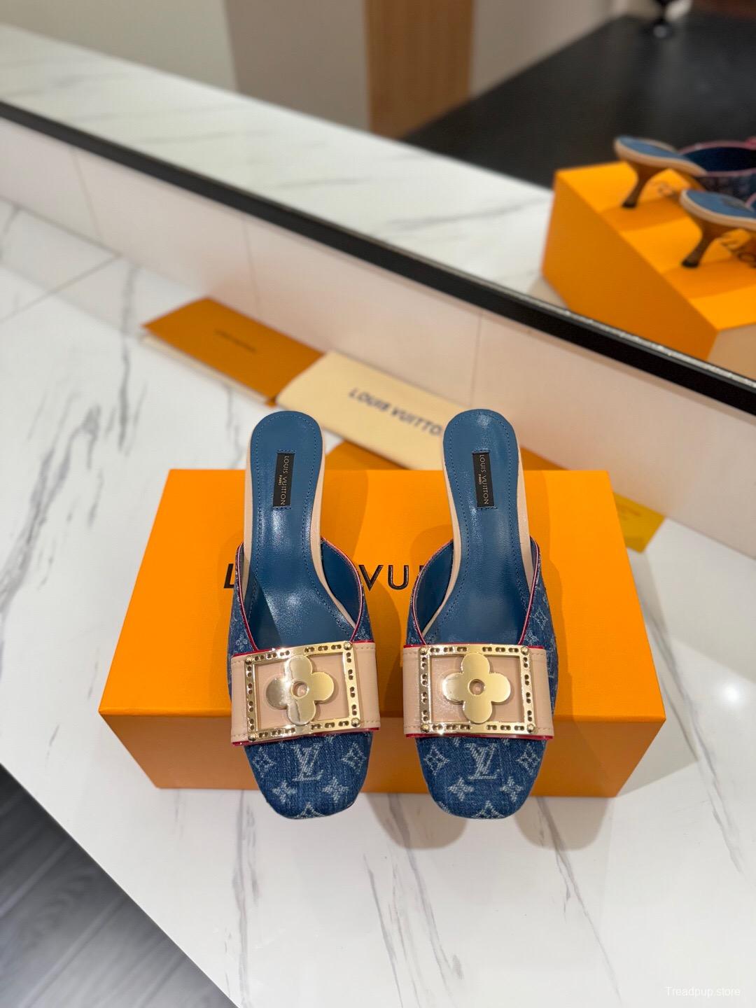 2025 Women Louis Vuitton Blue Denim Leather Mule Hardware KFY00320