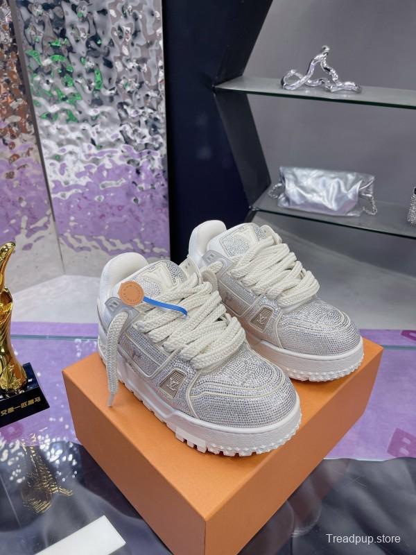 2025 Unisex Louis Vuitton White Crystal Leather Plimsolls Bing Bing AS00420