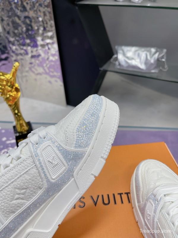 2025 Unisex Louis Vuitton White Leather Denim Trainers With Beads AS00400