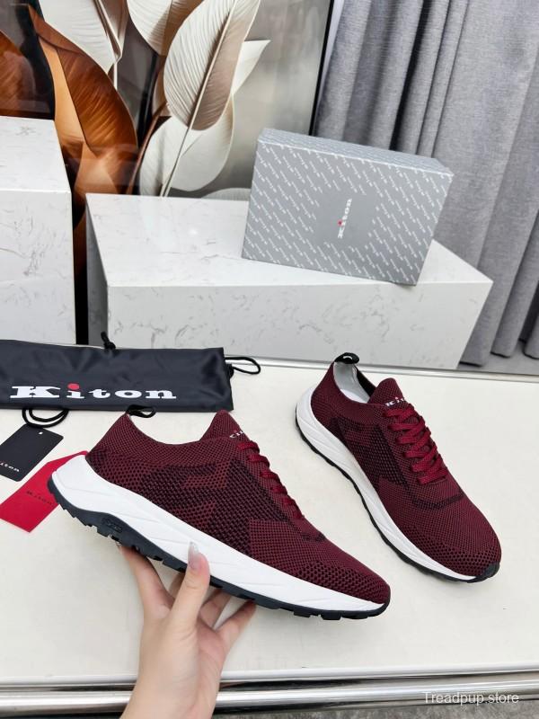 2025 Unisex Kiton Burgundy Knit Casual Sneakers Lightweight Rubber Sole AS00320