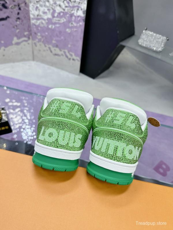 2025 Unisex Louis Vuitton Green White Leather Fabric Plimsolls Handmade Crystal Detailing AS00400