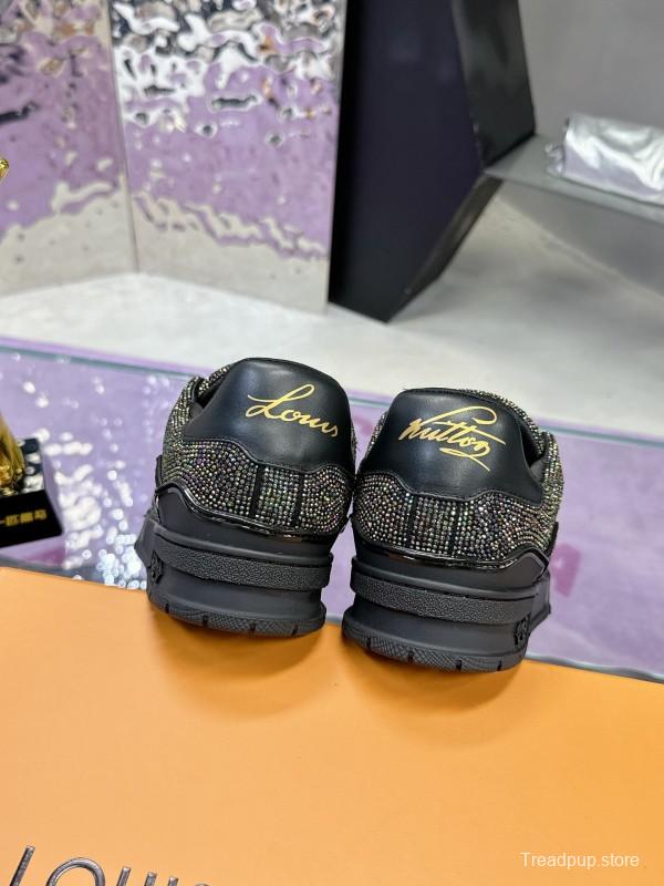 2025 Unisex Louis Vuitton Black Handmade Rhinestone Leather Fabric Plimsolls LV Trainer AS00400