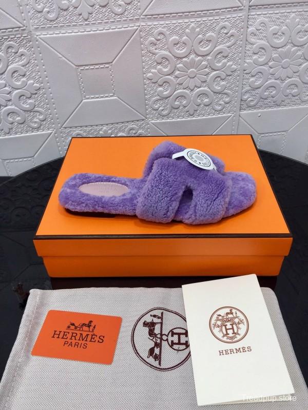 H Eiderdown Teddy Wool H Slippers Flat Sole Fur Slides - LY00240