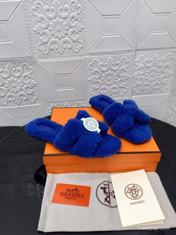 H Hermes Teddy Wool H Slippers Flat Sole Fur Slides - LY00240