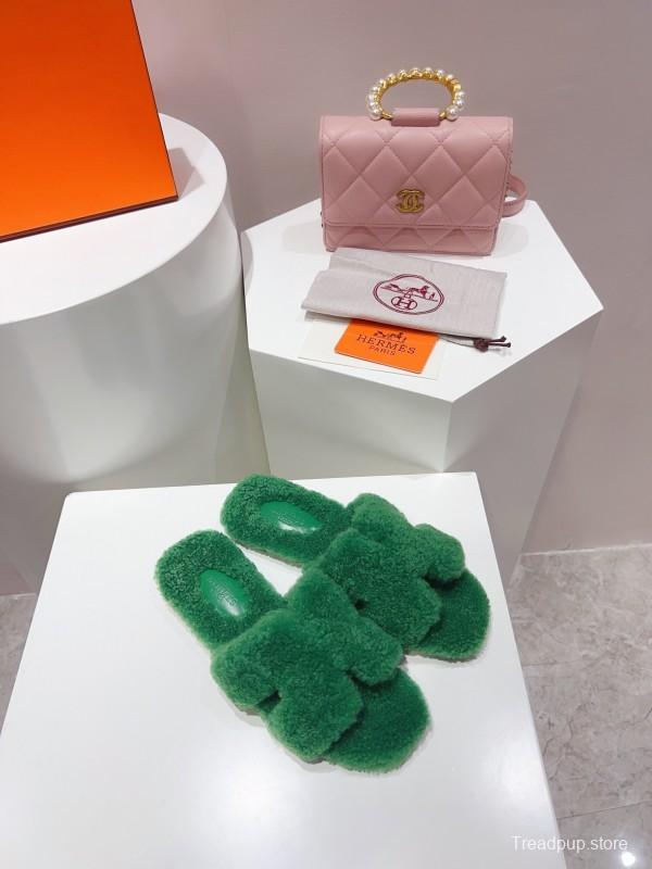 H Teddy Wool H Slippers Flat Sole Fur Slippers - LY00240