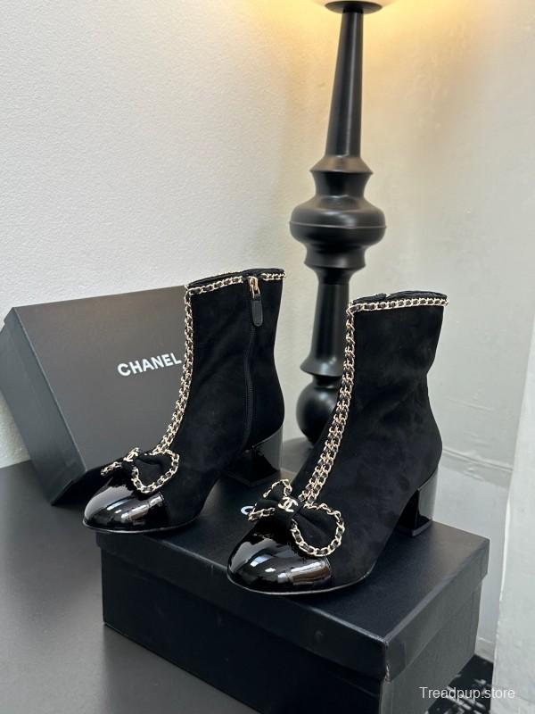 Chanel 2025 SS Chain Bow Chunky Heel Ankle Boots - LY00370