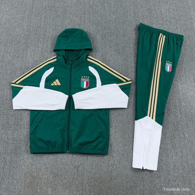 2026 Italy Green Hoodie Full Zipper Windbreaker + Long Pants