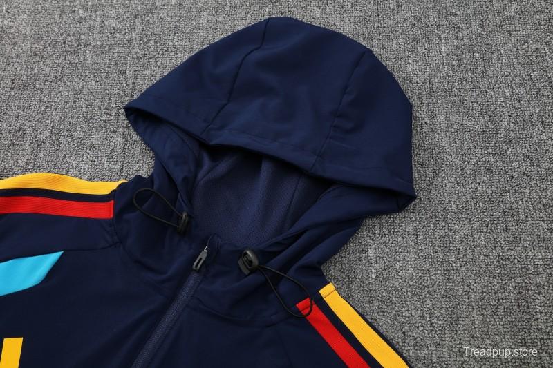 26/27  Spain Navy Blue & Light Blue Full Zipper Hooded Jacket Tracksuit + Long Pants